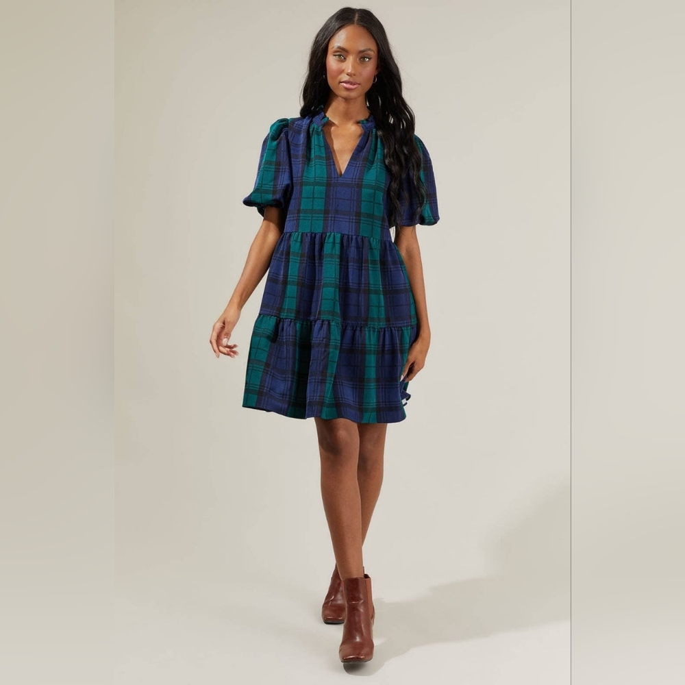 Sugarlips Hudson Plaid Jacey Babydoll Eyelet Mini Dress